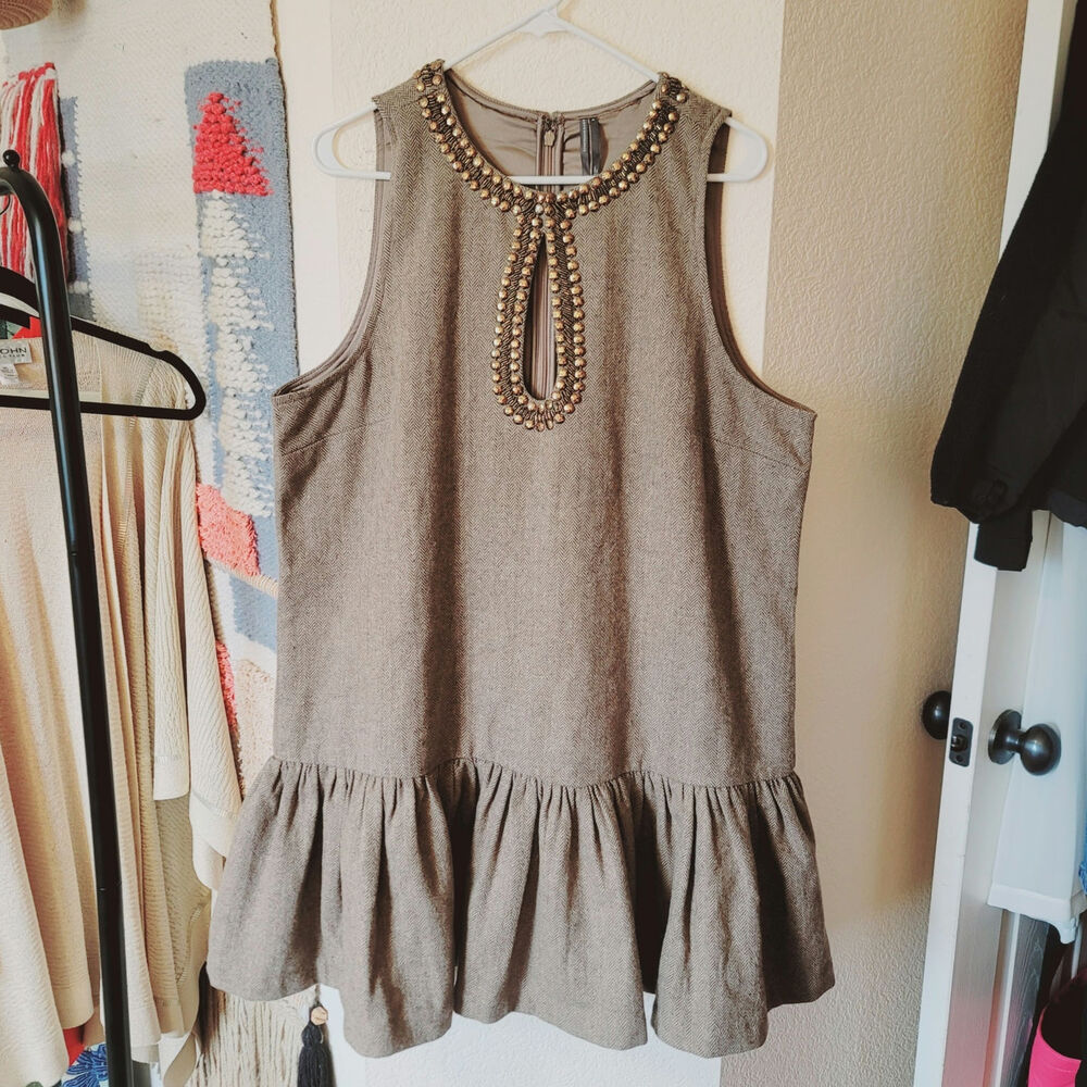 Anthropologie Beaded Keyhole Wool Blend Mini Dress in Taupe, sz Large